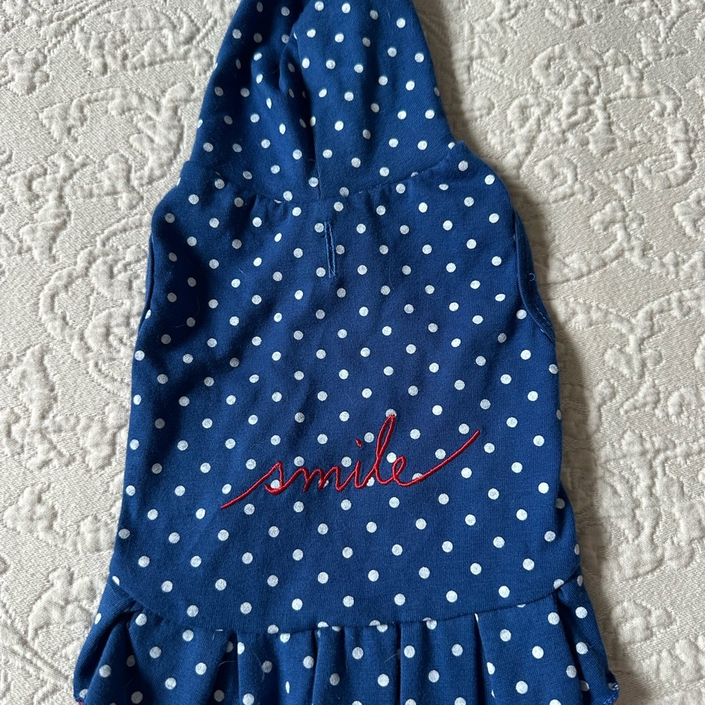 Blue and White Polka Dot “Smile” Pet Dress w/ Hood